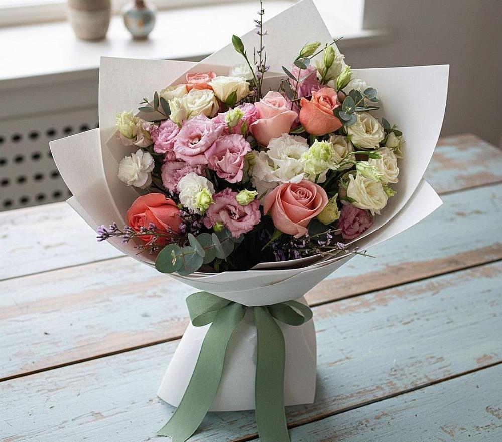 Букет цветов из: Розы, Лизиантусы и Гвоздики в Майдарово