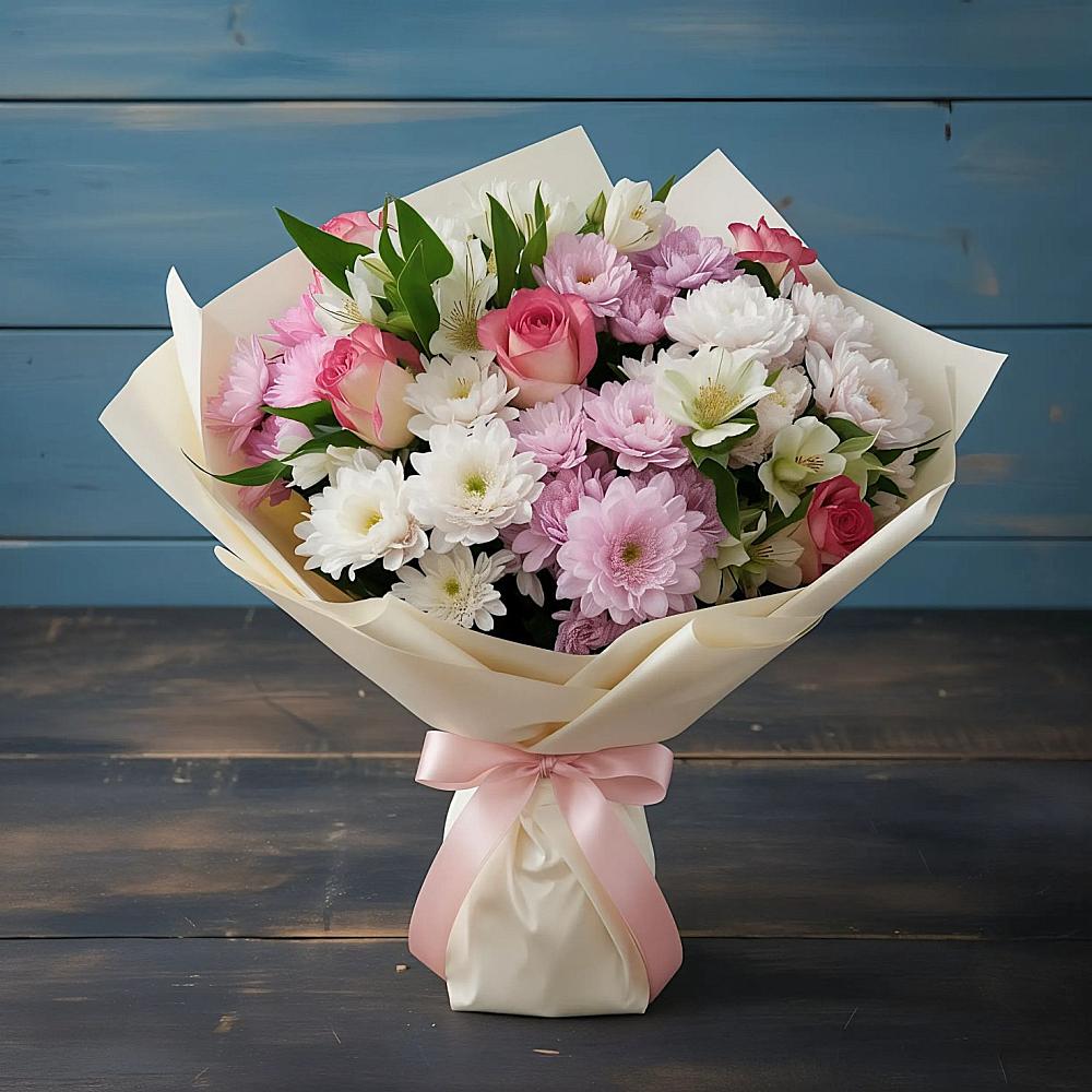 Букет цветов из: Хризантемы, Альстромерии и Розы в Майдарово